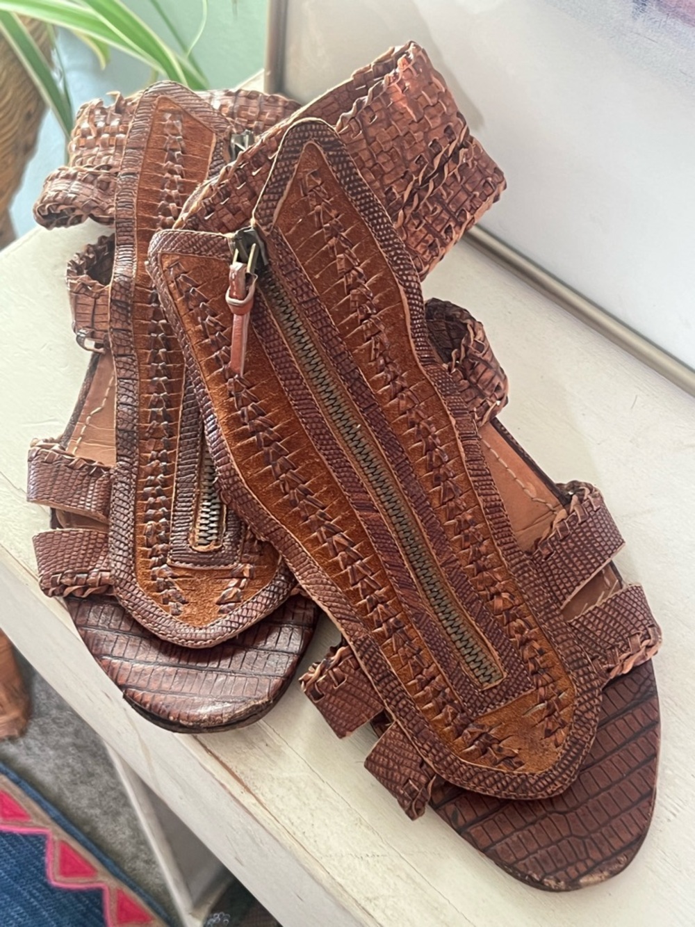 Givenchy Woven Leather Gladiator Sandals Cognac Boho Festival Designer Flats ✨